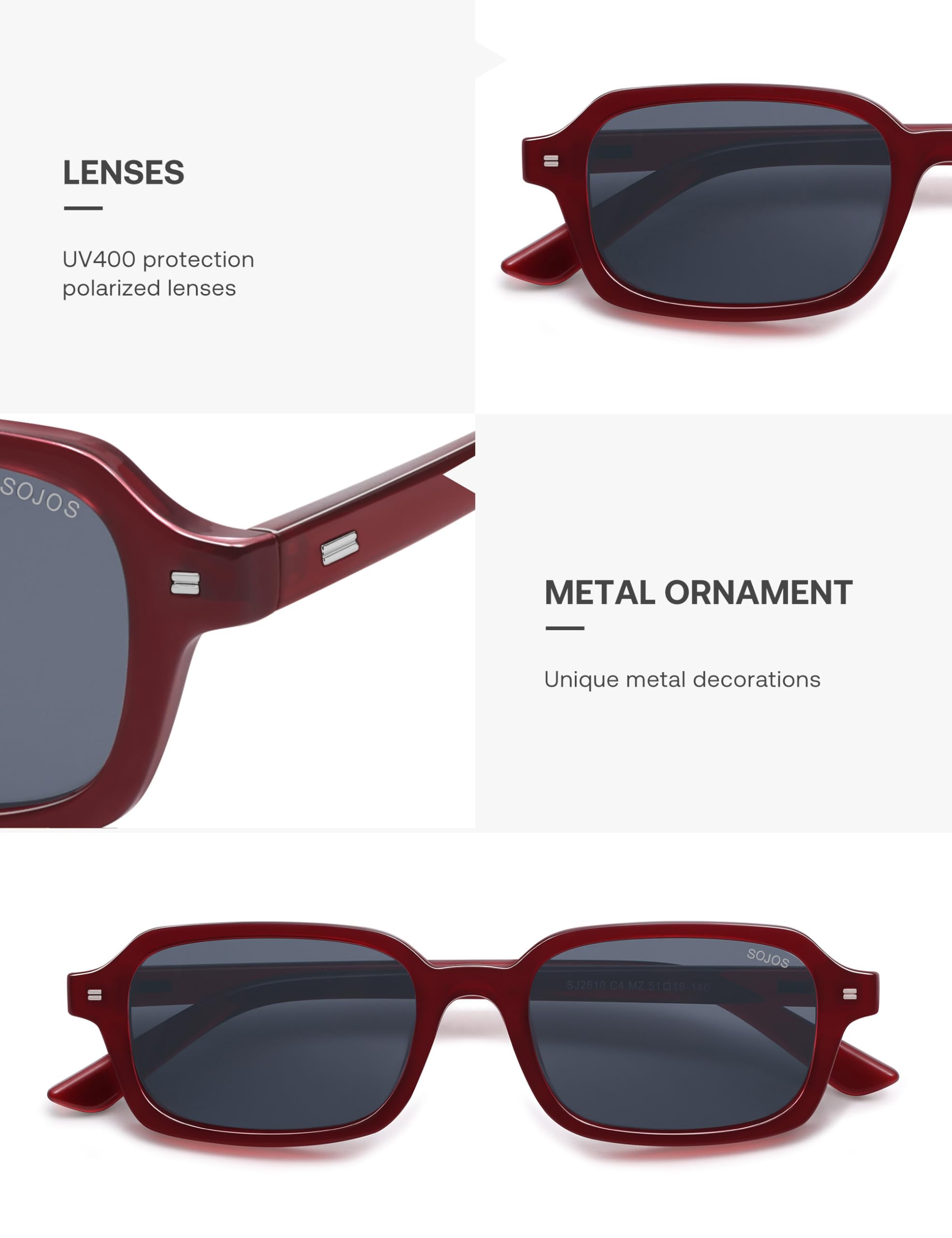 SOJOS Trendy Rectangle Polarized Sunglasses Womens Mens, Small Retro Fashion Thin Slim Square Sunnies SJ2610