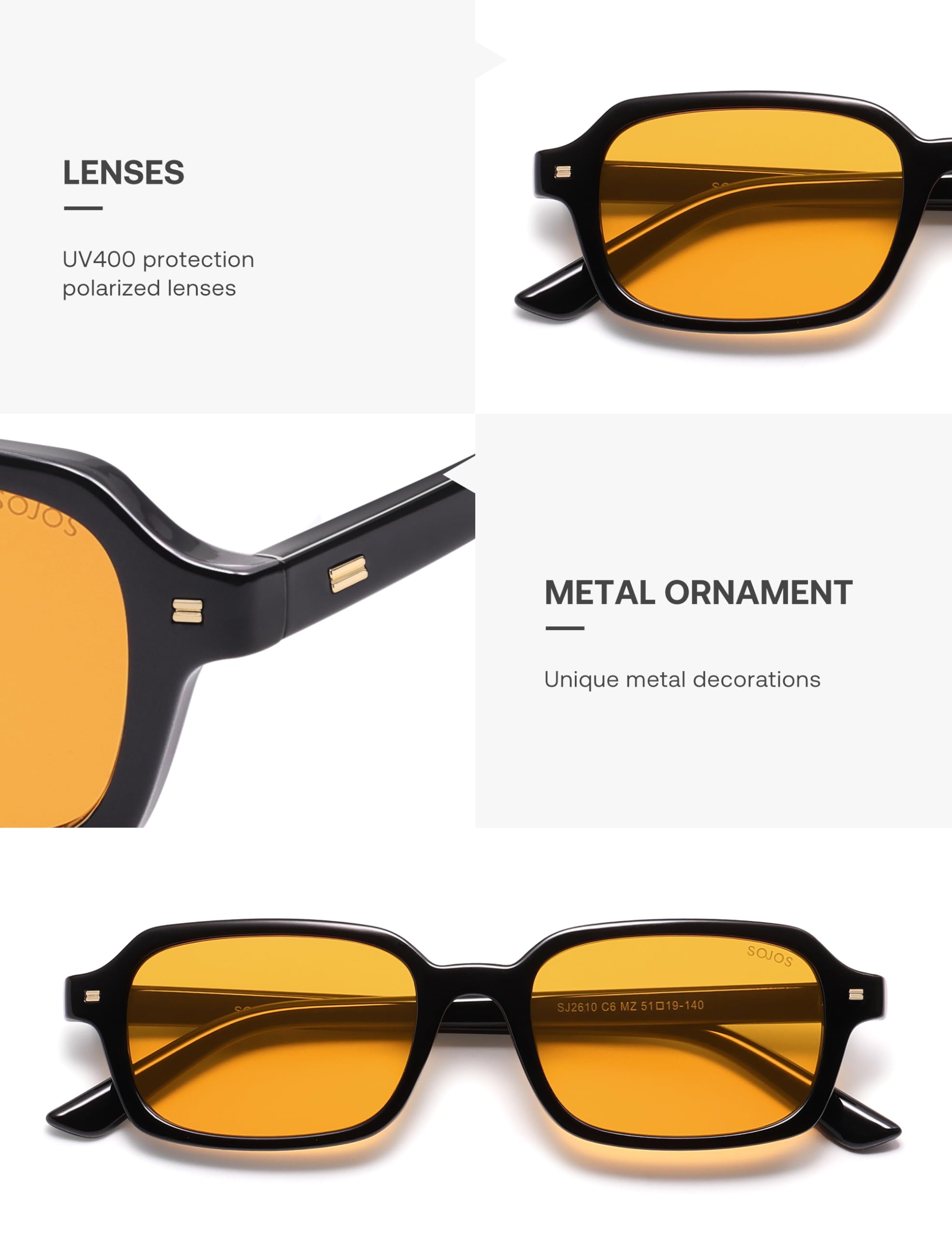 SOJOS Trendy Rectangle Polarized Sunglasses Womens Mens, Small Retro Fashion Thin Slim Square Sunnies SJ2610
