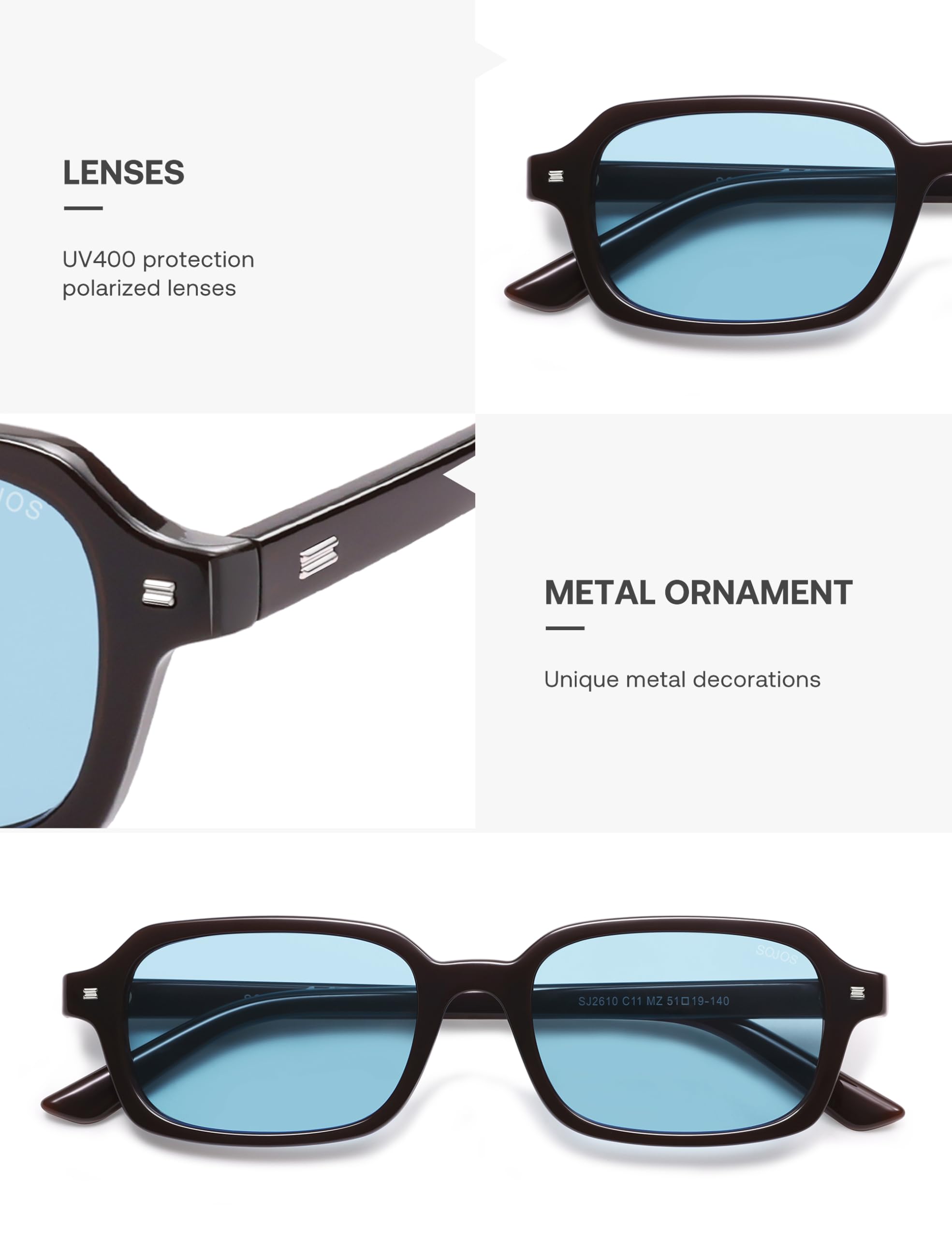 SOJOS Trendy Rectangle Polarized Sunglasses Womens Mens, Small Retro Fashion Thin Slim Square Sunnies SJ2610