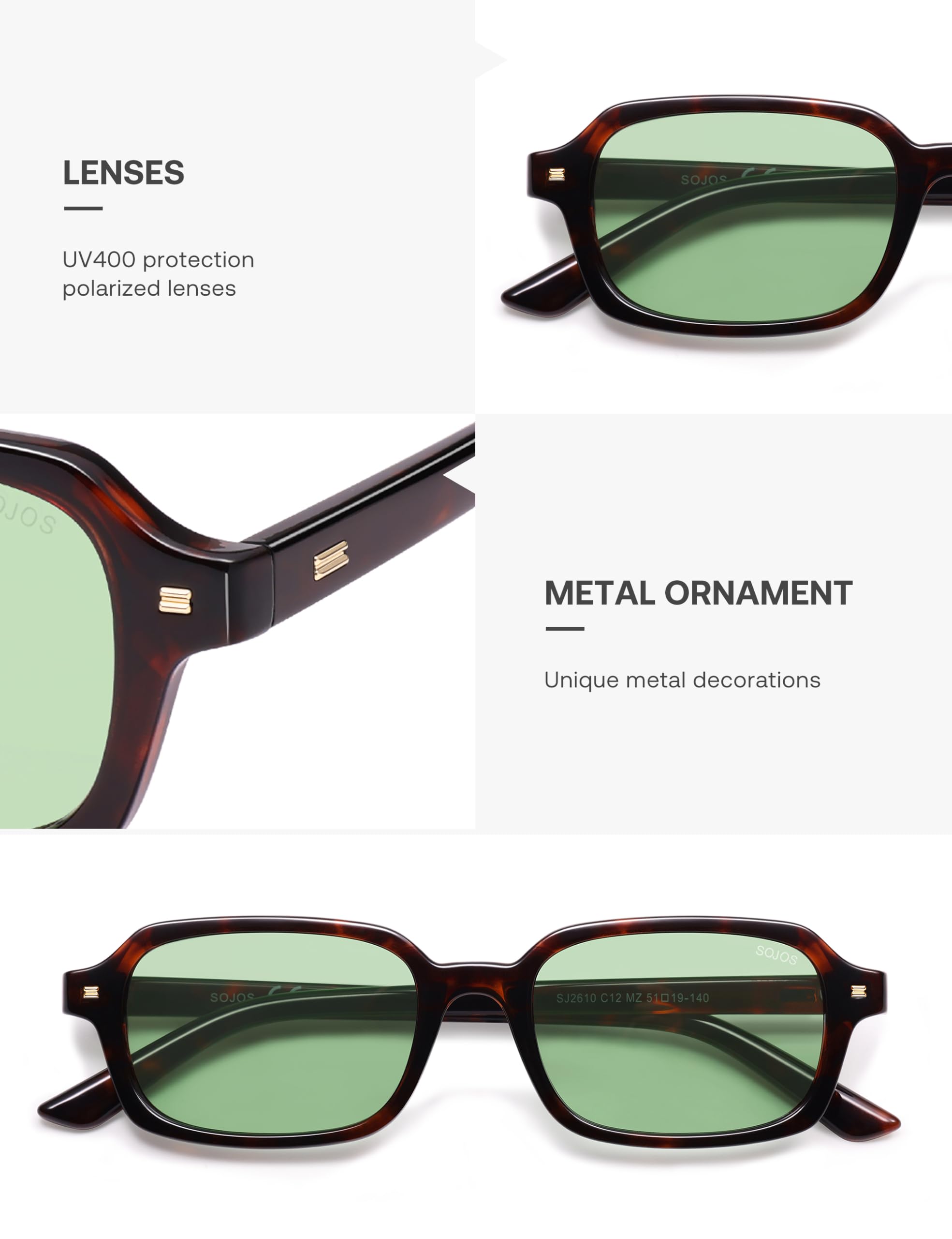 SOJOS Trendy Rectangle Polarized Sunglasses Womens Mens, Small Retro Fashion Thin Slim Square Sunnies SJ2610