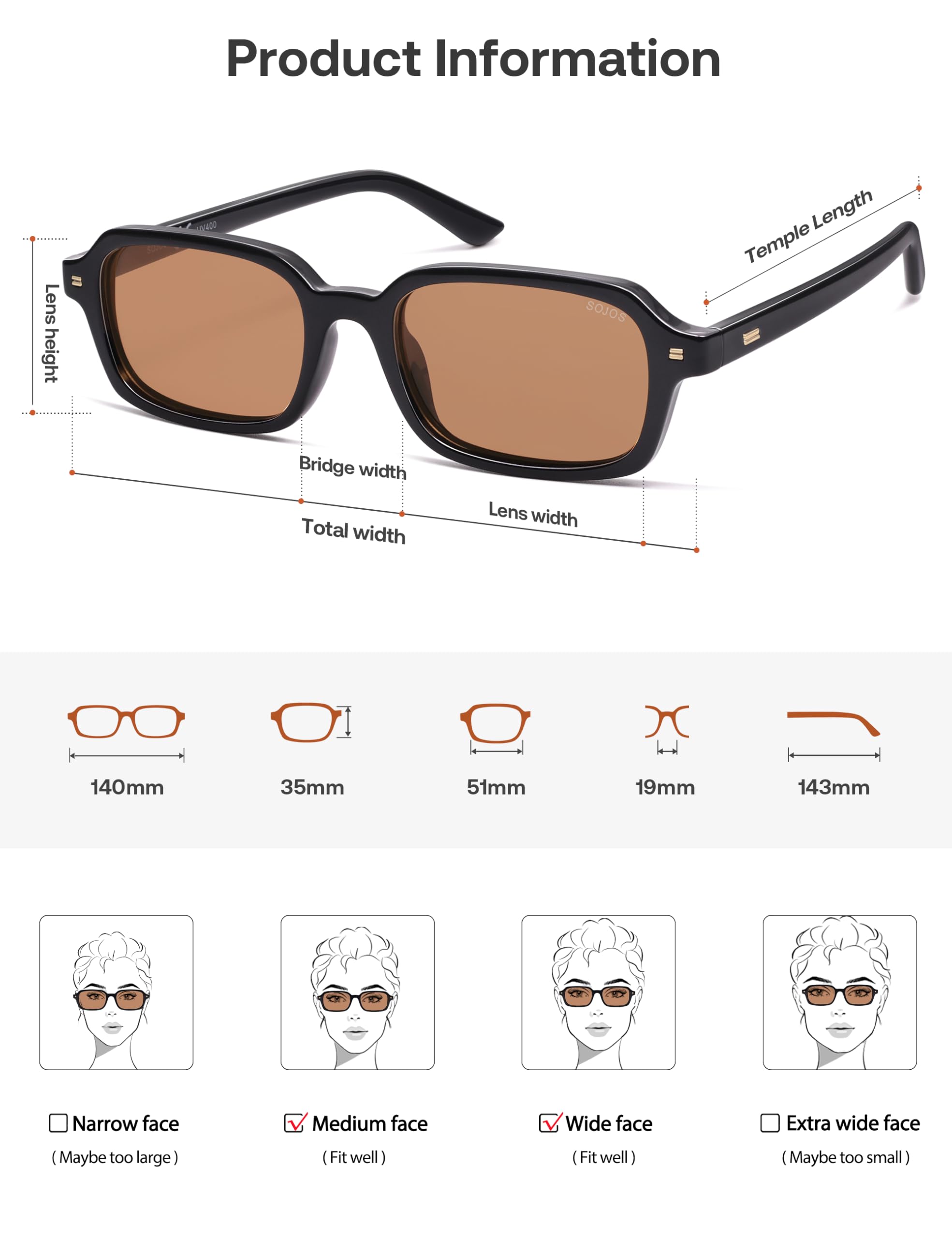 SOJOS Trendy Rectangle Polarized Sunglasses Womens Mens, Small Retro Fashion Thin Slim Square Sunnies SJ2610