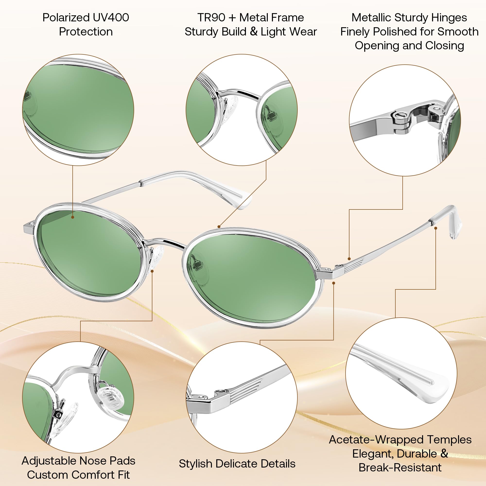 FEISEDY Polarized Oval Metal UV400 Protection Sunglasses for Women Men, Classic Retro Trendy Vintage TR90 Shades B0439