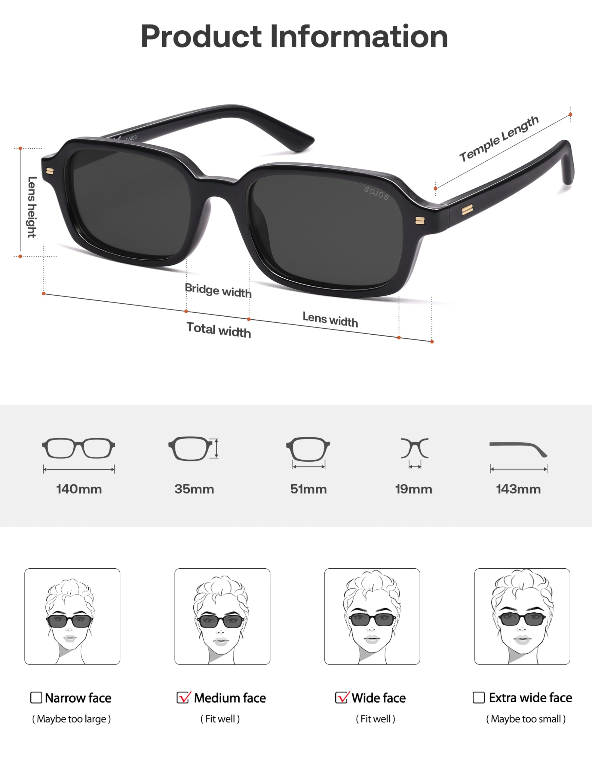 SOJOS Trendy Rectangle Polarized Sunglasses Womens Mens, Small Retro Fashion Thin Slim Square Sunnies SJ2610