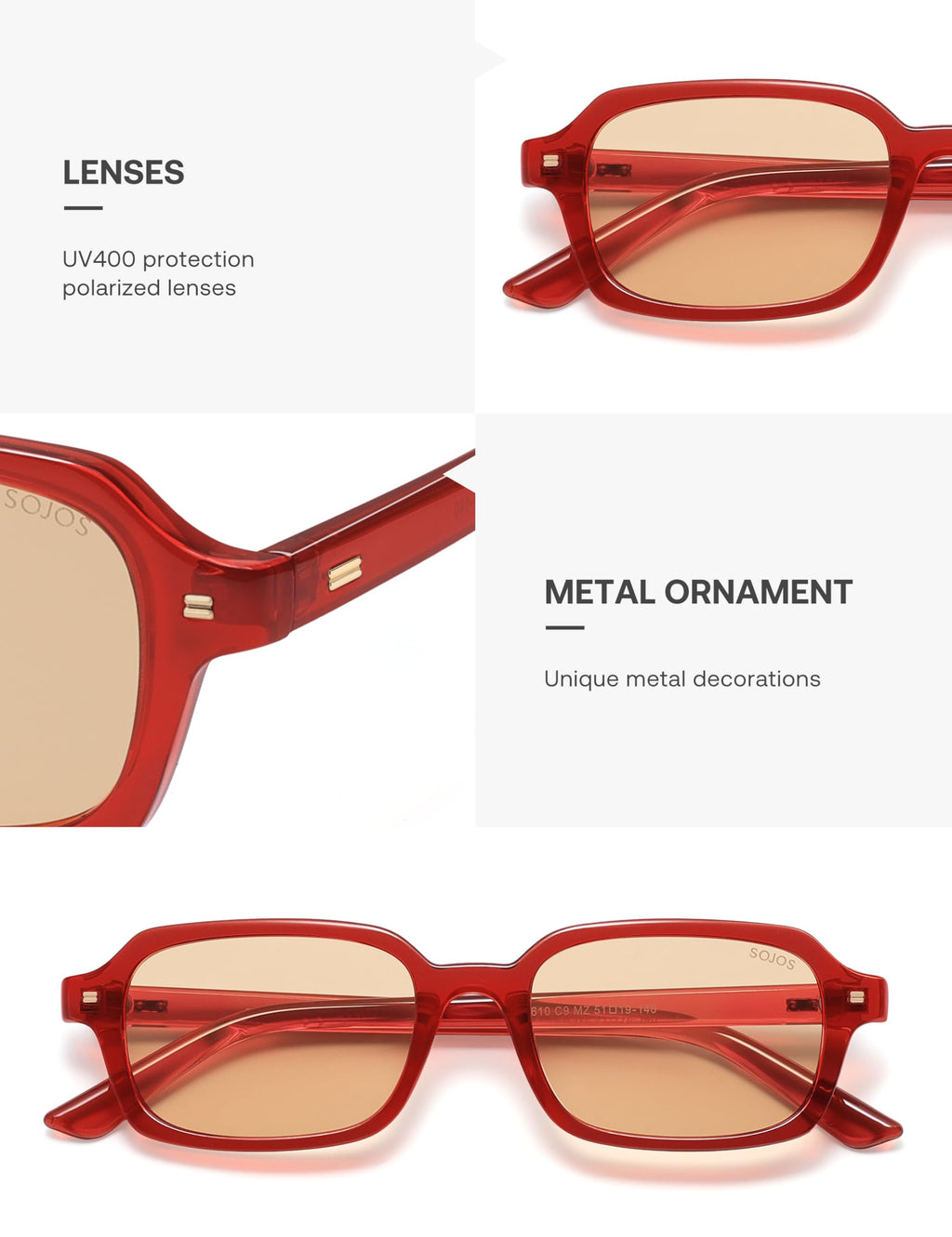 SOJOS Trendy Rectangle Polarized Sunglasses Womens Mens, Small Retro Fashion Thin Slim Square Sunnies SJ2610