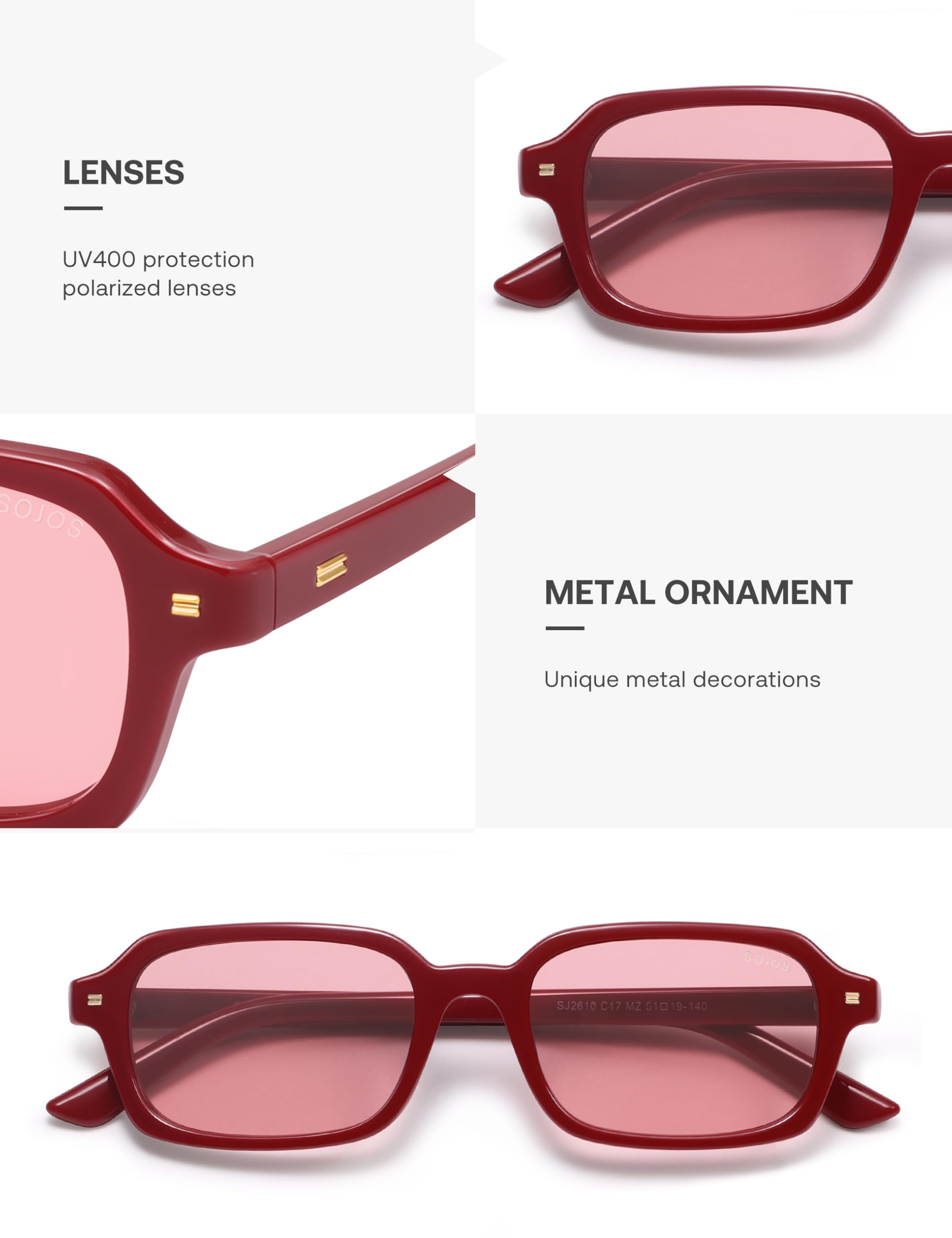 SOJOS Trendy Rectangle Polarized Sunglasses Womens Mens, Small Retro Fashion Thin Slim Square Sunnies SJ2610