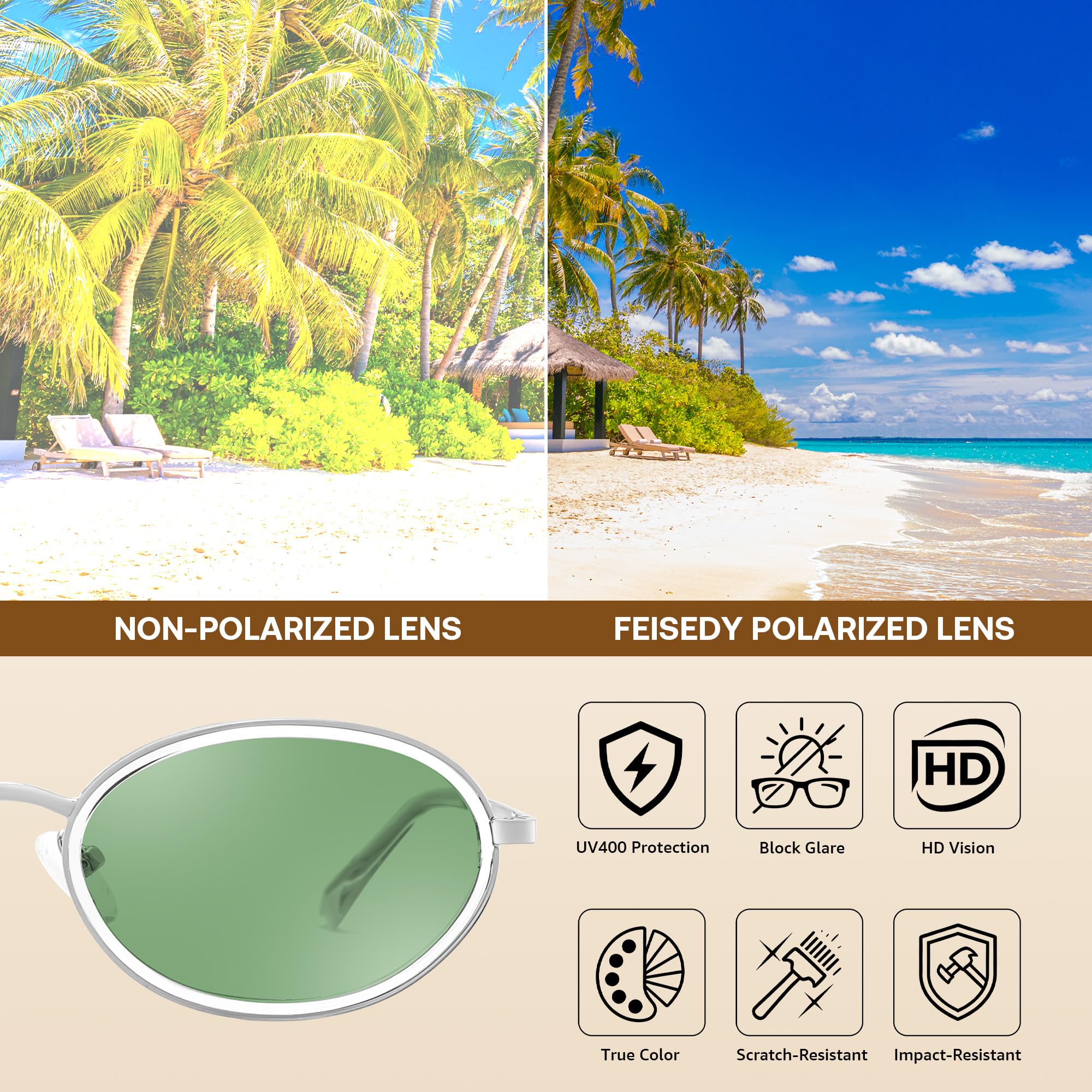 FEISEDY Polarized Oval Metal UV400 Protection Sunglasses for Women Men, Classic Retro Trendy Vintage TR90 Shades B0439